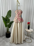 Elegant A-Line Strapless Beaded Satin Long Formal Prom Dress Evening Gown HZ1024