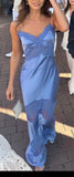 Elegant Blue Strap Lace Silk Satin Prom Dress Evening Gown HZ1024