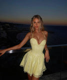 Sexy Light Yellow Off Shoulder Halter Neck Lace A-Line Mini Party Dress Homecoming Dress HZ1024