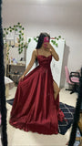 Simple Burgundy Satin Strap Slit Floor Length Prom Dress Evening Dress HZ1024