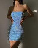 Shiny Blue Off Shoulder Sequin Bodycon Mermaid Mini Party Dress Homecoming Dress HZ1024