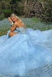 Gorgeous blue off-the-shoulder sleeveless A-line slit tulle layered floor-length prom dress bridesmaid dress HZ1024