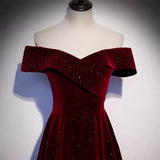 A-Line Off Shoulder Velvet Burgundy Long Prom Dress, Burgundy Formal Dress HZ1024