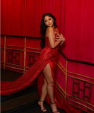 Gorgeous burgundy off-the-shoulder sequined high-slit prom dress evening gown HZ1024