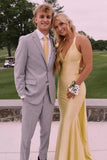Elegant light yellow off-shoulder V-neck mermaid backless long prom dress bridesmaid dress HZ1024