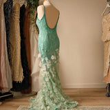 Beautiful Spaghetti Strap V Neck Beaded Backless Mermaid Floor Length Prom Dress Evening Dress HZ1024