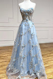 Beautiful A-line light blue strapless sweetheart neckline floral tulle long prom dress evening HZ1024