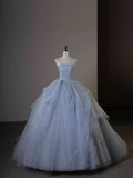 Elegant A-Line Strapless Tulle Long Formal Prom Dress Evening Gown HZ1024