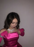 Sweet Hot Pink Strapless Satin Bow Short Party Dress Homecoming Dress Sleeveless HZ1024