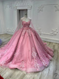 Sweet Princess Dress Pink Strapless Sweetheart Neck Lace Tulle With Train Prom Dress HZ1024