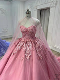 Sweet Princess Dress Pink Strapless Sweetheart Neck Lace Tulle With Train Prom Dress HZ1024