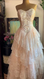 Vintage Pink Strapless Sequined Lace Trim Sweetheart Neck A-Line Prom Dress Evening Dress HZ1024