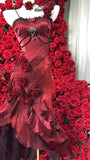 Beautiful Burgundy Spaghetti Strap 3D Rosette Detachable Flounce Sleeves Design Satin Prom Dress Evening Dress HZ1024
