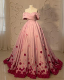18th Birthday Pink Off Shoulder Satin 3D Flower A-Line Long Party Dress Prom Dress HZ1024