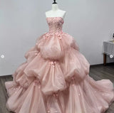 Pretty Pink Strapless A-Line 3D Flower Tulle A-Line Wedding Dress Evening Gown HZ1024