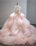 Pretty Pink Strapless A-Line 3D Flower Tulle A-Line Wedding Dress Evening Gown HZ1024