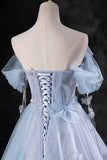 Blue Pearl Tulle Floor Length Prom Dress, A-Line Off the Shoulder Formal Party Dress HZ1024