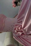 Vintage Pink Satin Strapless Evening Gown Beaded High Slit Party Dress Long Formal Dress HZ1024