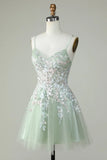 Gorgeous Light Green Appliqued Tulle Design A-line Spaghetti Strap Homecoming Dress HZ1024