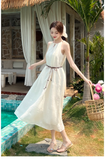 Simple Fashion White Sleeveless Design Beach Holiday A-line with Belt Jacquard Halter Dress HZ1024