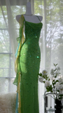Vintage Shiny Sequin Green Spaghetti Strap Design A-line Romantic Chiffon Evening Dress Prom Dress HZ1024
