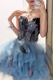Fashion Blue Sequin Tulle Design A-line Sweetheart Strapless Homecoming Dress HZ1024