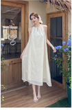 Simple Fashion White Sleeveless Design Beach Holiday A-line with Belt Jacquard Halter Dress HZ1024