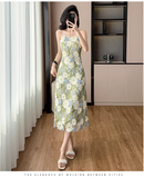 New Fashion Green Floral Embroidery Design Midi A-line Spaghetti Strap Dress HZ1024