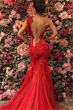 Vintage Red One-shoulder Mermaid Prom Dress Lace Evening Gown Party Dress Long Formal Dress HZ1024
