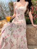 Simple Fashion Pink Floral Design A-line Beach Holiday Spaghetti Strap Dress HZ1024