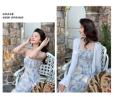 Design Sense Blue Painting Long Dress Holiday Beach Floral Spaghetti Strap Dress HZ1024