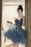 Fashion Blue Sequin Tulle Design A-line Sweetheart Strapless Homecoming Dress HZ1024
