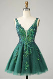 Gorgeous Green Sequined V-neck Backless Design A-line Short Homecoming Dress HZ1024