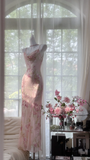 Retro Pink Floral Spaghetti Strap Romantic Chiffon Evening Dress Prom Dresses HZ1024