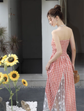 New Fashion Red Plaid Lace Patchwork Design Beach Holiday A-line Sleeveless Strapless Dress HZ1024