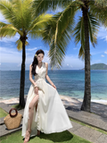 Elegant V-neck Design Beige Chiffon A-Line Beach Holiday Halter Dress HZ1024