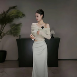 New Fashion Light Green Irregular One-shoulder Style Mesh Long-sleeved Dress HZ1024