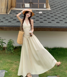 Simple Fashion Beige V-neck Design Beach Holiday A-line with Belt Halter Dress HZ1024