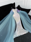 Vintage Shiny Sequined Sweetheart Spaghetti Strap Design Mermaid Prom Dress Evening Dress HZ1024
