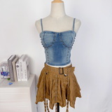 Vintage Irregular Ruffled Skirt Design A-line Casual Sleeveless Denim Vest A Two-piece Dress HZ1024