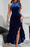 Dark Blue Neckless Mermaid High Low Velvet Long Prom Dress HZ1024