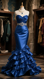 Vintage Royal Blue Beaded Sweetheart Evening Gown Mermaid Strapless Party Dress Long Formal Dress HZ1024