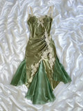 Vintage Green Applique Prom Dress Sheath Evening Dress Spaghetti Strap Fairy Dress HZ1024