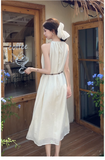 Simple Fashion White Sleeveless Design Beach Holiday A-line with Belt Jacquard Halter Dress HZ1024