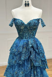 Vintage Sweetheart Sequin A-Line Sweetheart Evening Gown Off-the-shoulder Party Dress Tiered Floor Length Formal Dress HZ1024