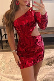 Fashion Red Sequin One-shoulder Design Bodycon Homecoming Dress HZ1024