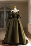 Green Satin Floor Length Prom Dress, A-Line Puffy Short Sleeve Evening Party Dress HZ1024