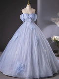 Blue Tulle Long A-Line Prom Dress Party Dress, Beautiful Off the Shoulder Blue Evening Dress HZ1024