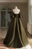Green Satin Floor Length Prom Dress, A-Line Puffy Short Sleeve Evening Party Dress HZ1024
