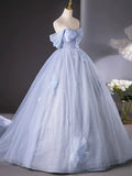 Blue Tulle Long A-Line Prom Dress Party Dress, Beautiful Off the Shoulder Blue Evening Dress HZ1024